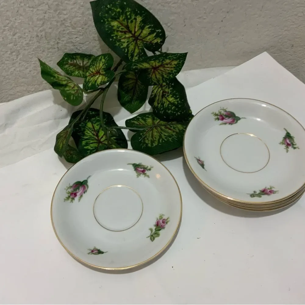 Set of 6 Vintage KYOTO China ROSEVERTE 7312 Saucers Pink Roses Gold Japan K1